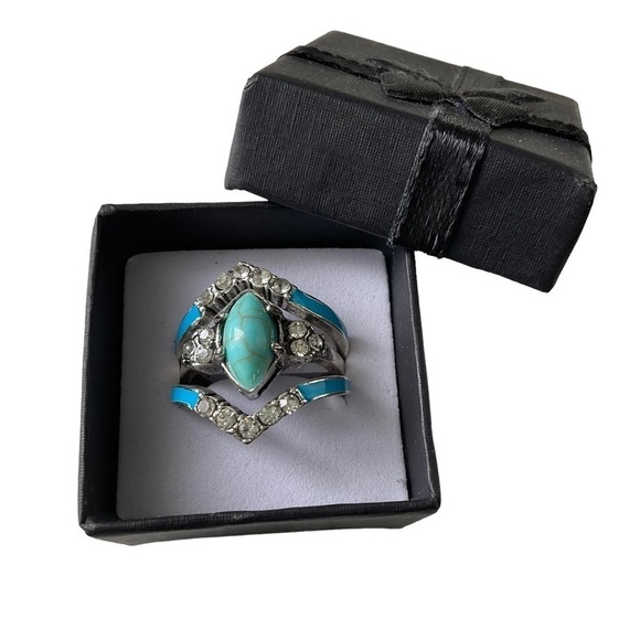 Versatile Elegant & Fashionable Turquoise & Rhinestone Decor 3 Piece Ring Set - Picture 1 of 8